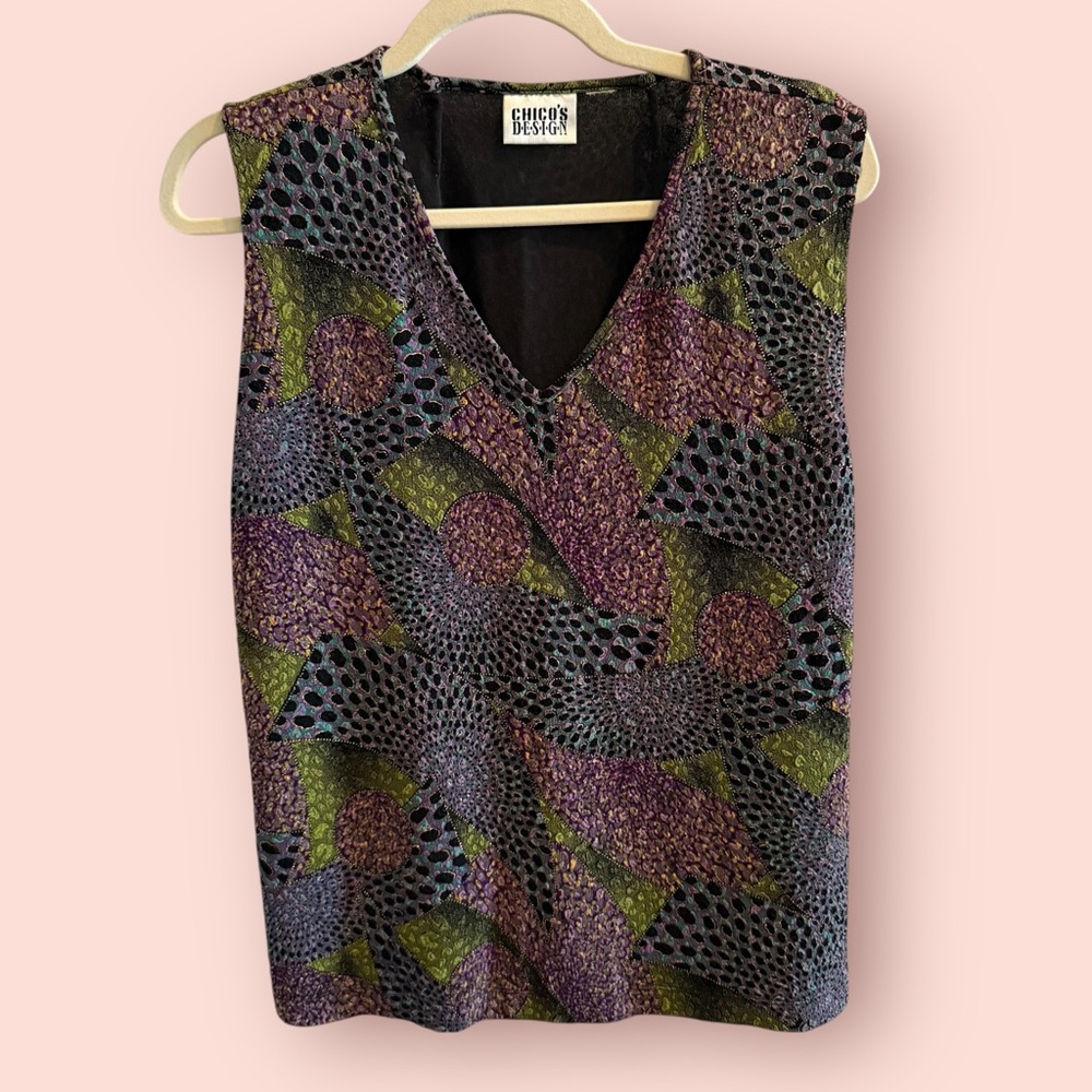 Vintage Chico’s Design Textured Metallic Tank | Abstract Geometric Top